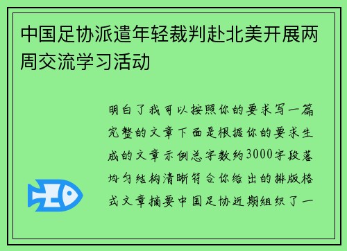 中国足协派遣年轻裁判赴北美开展两周交流学习活动